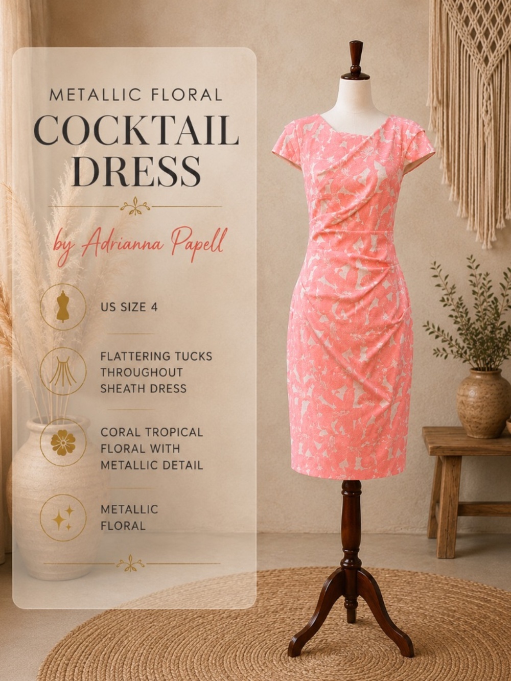 Adrianna Papell coral tropical flower metallic cocktail sheath dress size 4